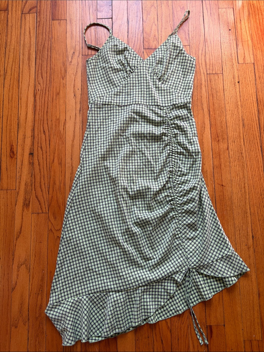 Cider Green Gingham Ruched Midi Dress